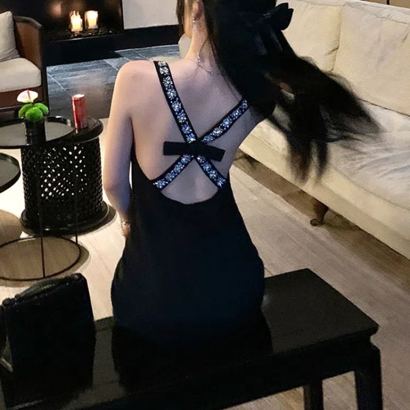 お嬢様 リボン本 ラインストーン付き 背中見え キャミ ワンピース