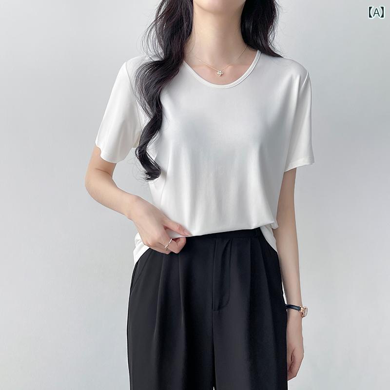 レディース Tシャツ カットソー 白 半袖 トップス 夏 ソフト ラウンドVネック シンプル 万能 多用途 涼感 リラクシング モーダル繊維 ミニマル ナチュラルフィット 軽量 快適