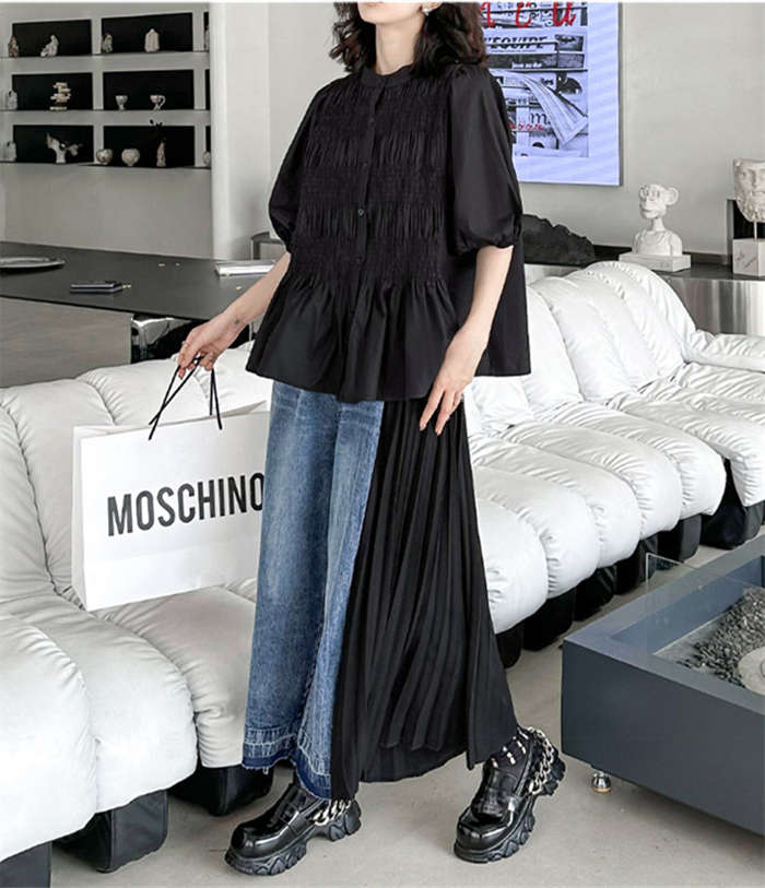 異素材切り替え デニム ワイドパンツ レディース 春夏 デニムワイドパ サイドプリーツ デニムパンツ 九分丈パンツ ボトムス ハイウエスト 体型カバー 大人 カジュアル ウエストゴム 春秋 個性的