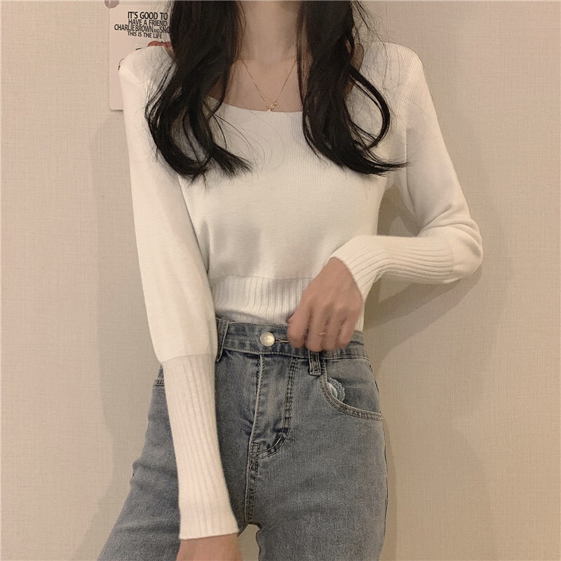 レディース トップス ニットソー クロップド丈 プルオーバー 長袖 萌袖 スクエアネック タイト ストレート かわいい 大人可愛い きれいめ シンプル カジュアル 上品 おしゃれ こなれ感 ラフ