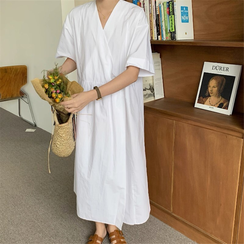 ワンピース ロングスカート ロング ロング丈 袖あり 半袖 Vネック レギュラー ハイウエスト かわいい 大人可愛い きれいめ シンプル カジュアル 大人 上品 おしゃれ 無地 夏 20代 30代