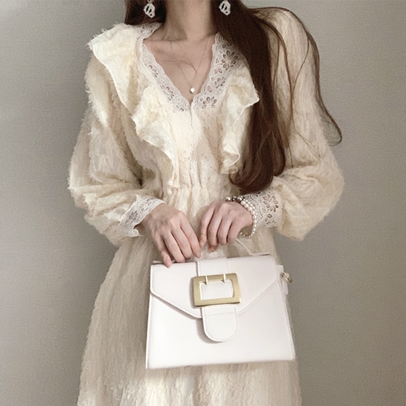 ロングワンピース スイート ガーリー ブラック 黒 アプリコット ミドル丈 袖あり 長袖 Vネック