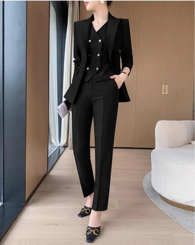 お買い得2色 黒 ネイビー 3点セット 長袖ジャケット+パンツ＋ベスト ビジネス パーティー 通勤 OL テーラード 着痩せ フォーマル 結婚式 二次会 キャバ レディーススーツ 春夏秋冬 S