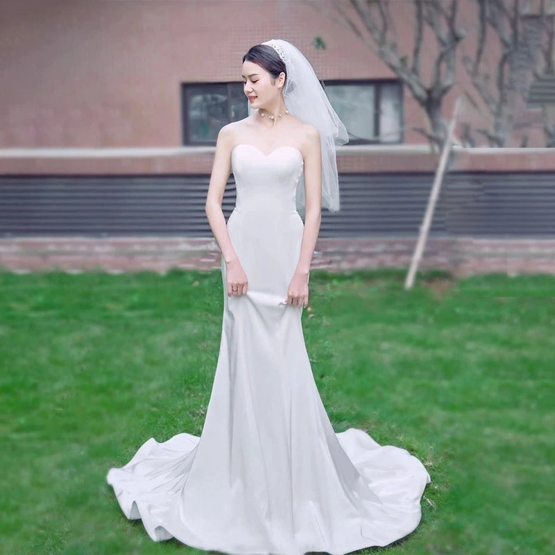 ホワイト ウェディングドレス　マーメイド　トレーン　ビスチェ　ロングドレス イブニングドレス　　xs～xl　Wedding Dress　お花嫁　結婚式　旅行撮影演出　レディースウェディングドレス　エ
