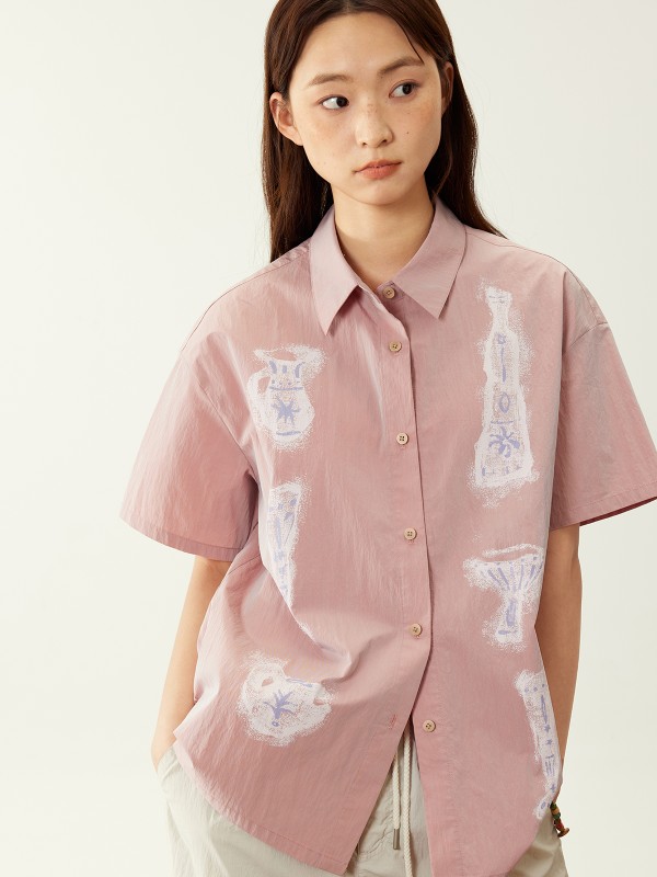 オクトパスハウス レトロ オリジナル 壁画スタイル 半袖シャツ 夏 ゆったり カジュアル シンプル シャツ レディース