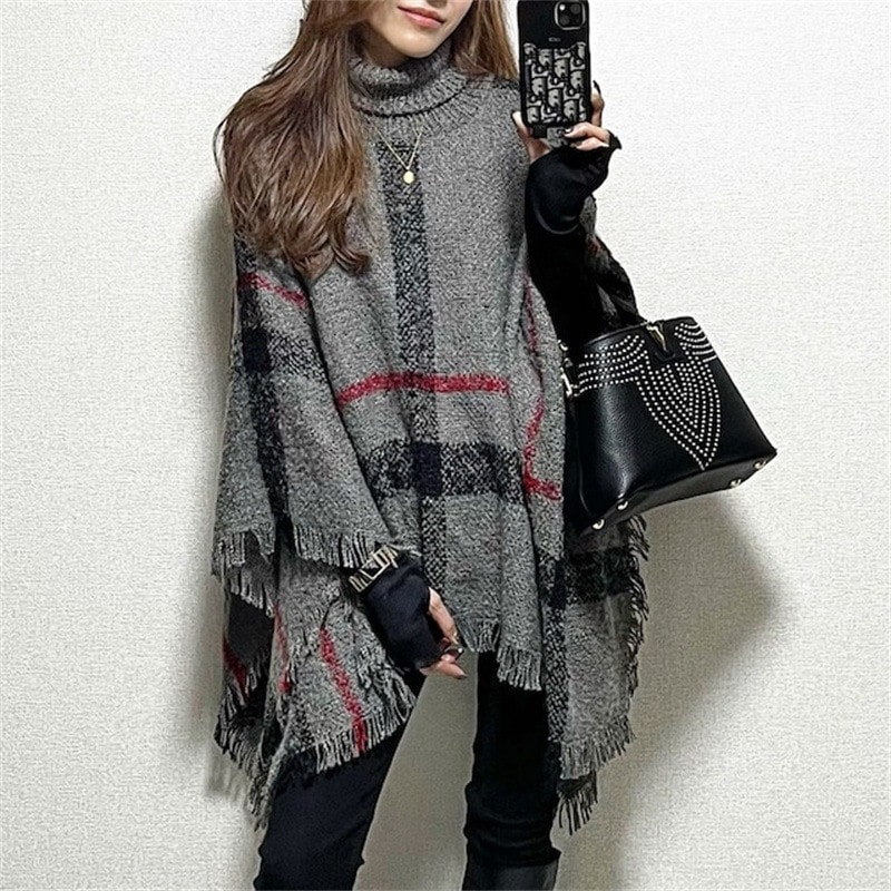 【SNSで話題沸騰】 チェック柄定番ファッションドルマンスリーブハイネックポンチョ