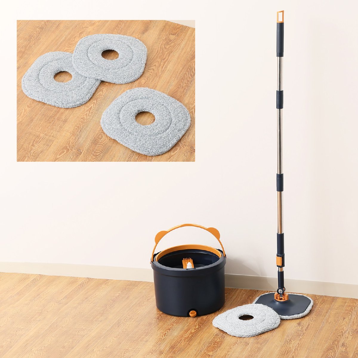 新品未使用VIVA RISE ビバライズ 汚れた水を分離！節水にも！回転マジカルモップ パッド5枚付セット 紺