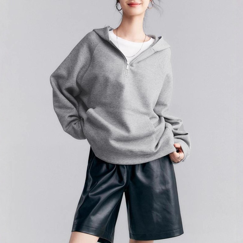 【送.料.無.料.急速発送】半ファスナーの衛衣レトロな空気層秋のフード付きゆったりコート