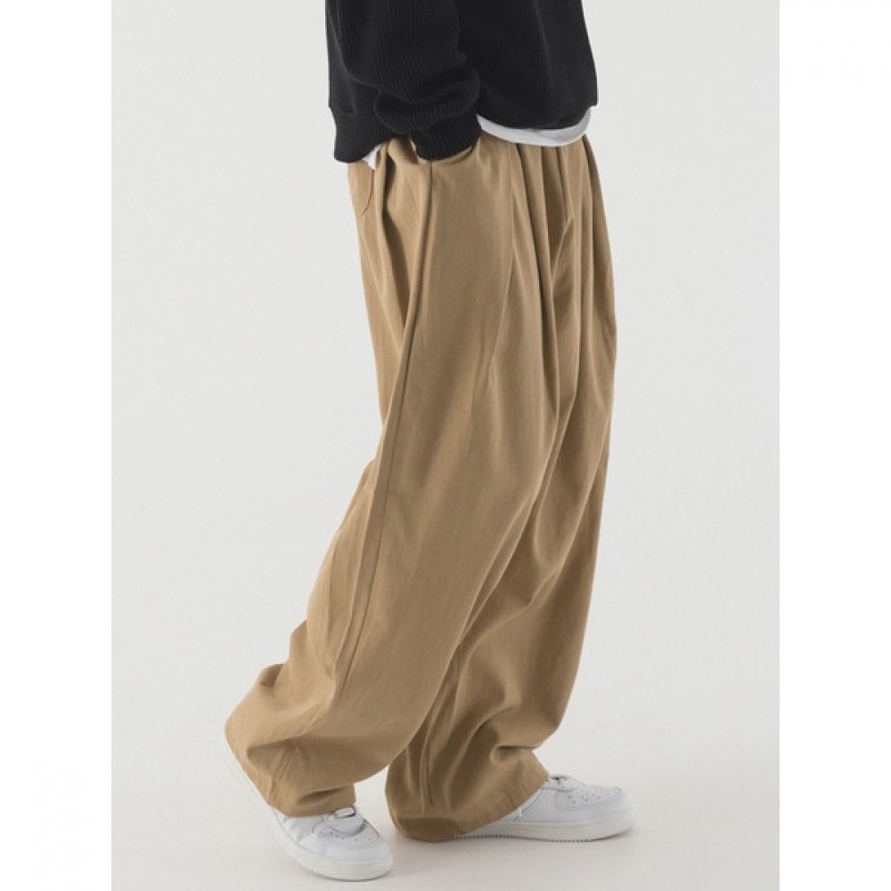 (Pianer) プリーツワイドバンディングコットンパンツ (ダークベージュ)