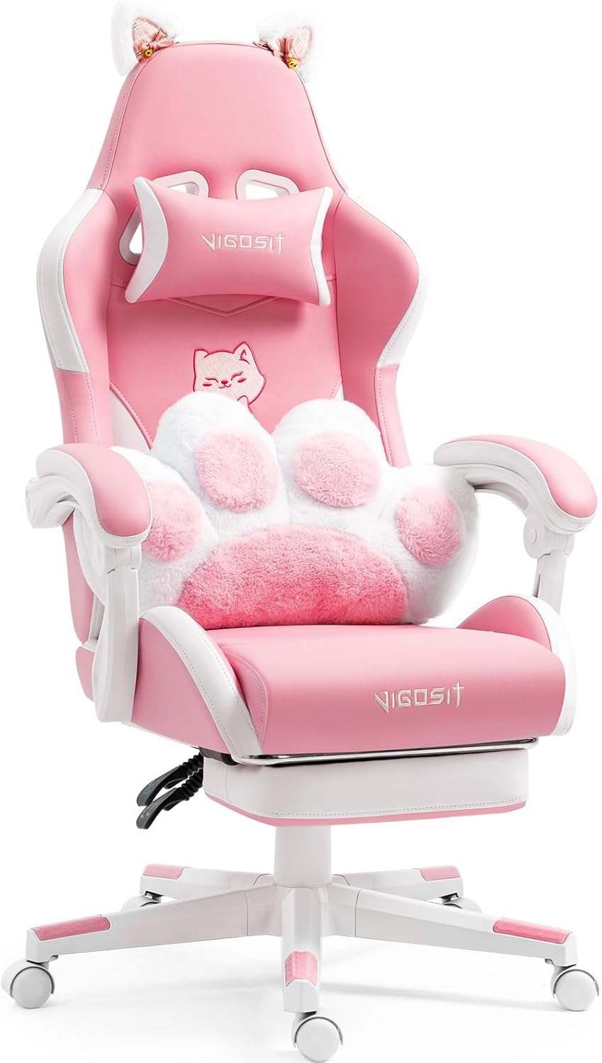 ゲーミングチェア オフィスチェア フットレスト付き ハイバック ファブリック素材 ヘッドレスト アームレスト PUレザー 疲れない 人間工学設計 ピンク