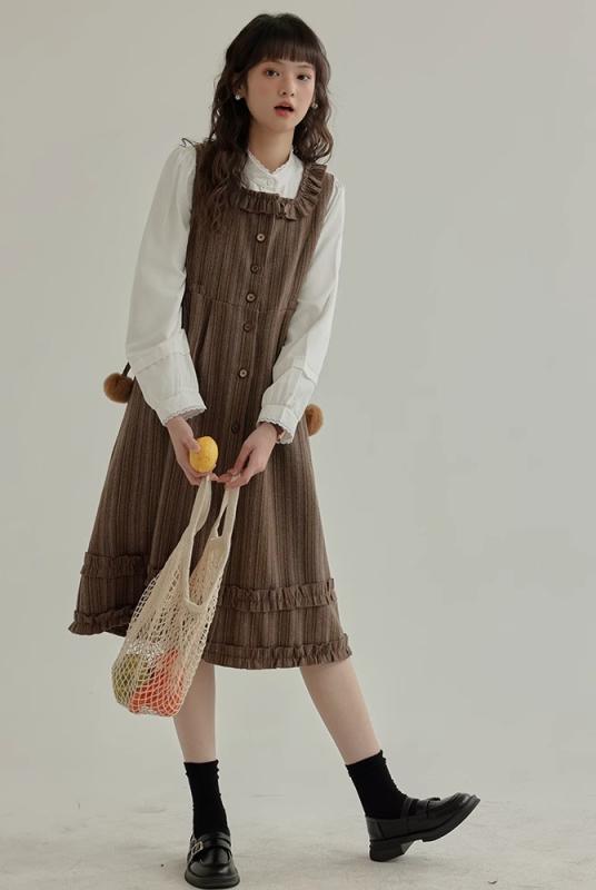 ジャンパースカート 大人 レディース 春 ストライプ レトロ 長袖 白 シャツ カーキ ワンピース Aライン スクエアネック シルエット