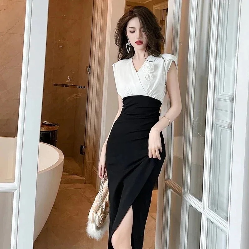 【JY.上品】 Vネック スリット 黒白 ドッキング ロングワンピース 女性 夏 チャイナドレス フォーマル パーティードレス 同窓会 結婚式 披露宴 卒業式 演奏会 二次会 発表会