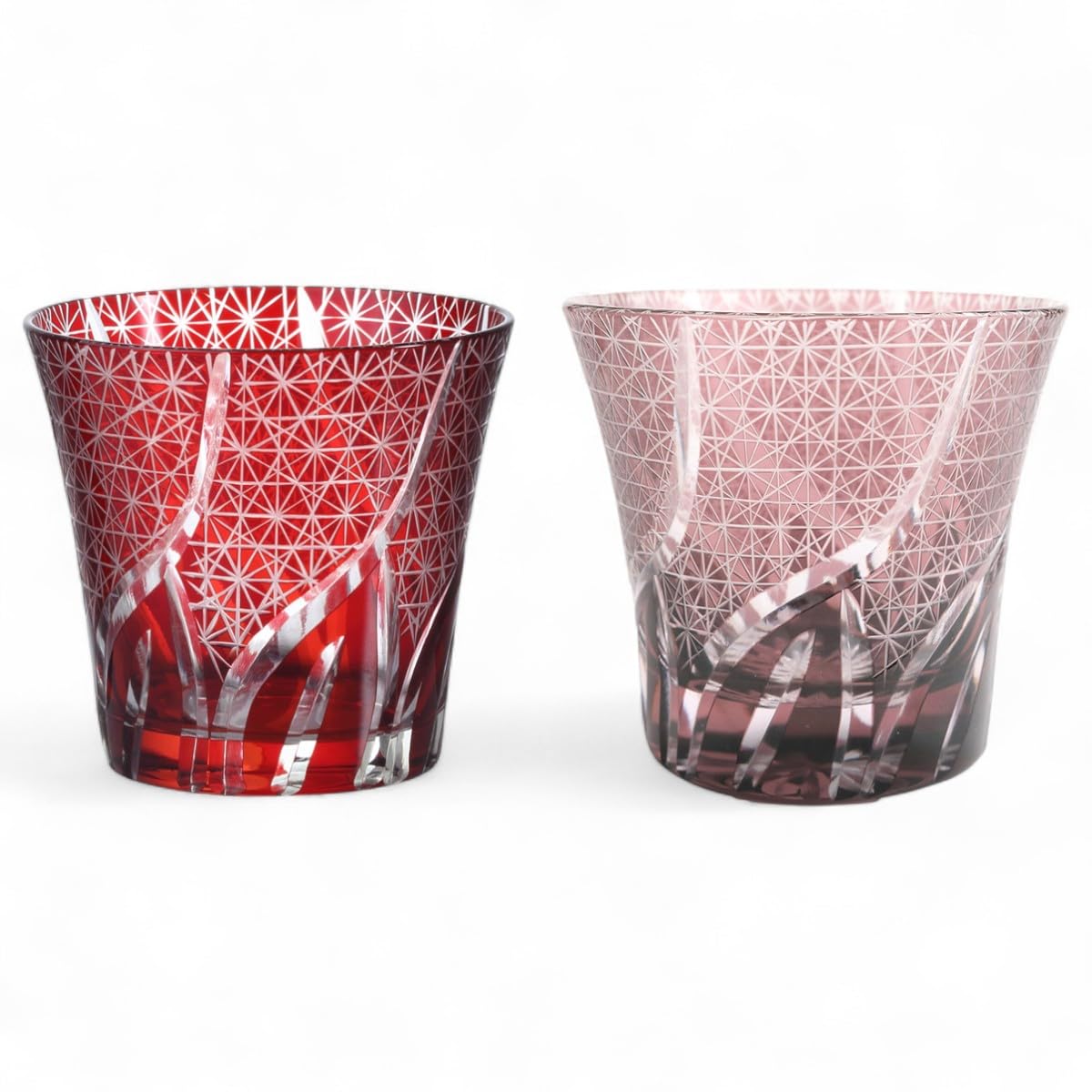 J-kitchens 水影 切子 ペア グラス カップ Φ94xH85mm 240cc 乱彫小紋 レッド & パープル 底彫あり 美匠 Current Model