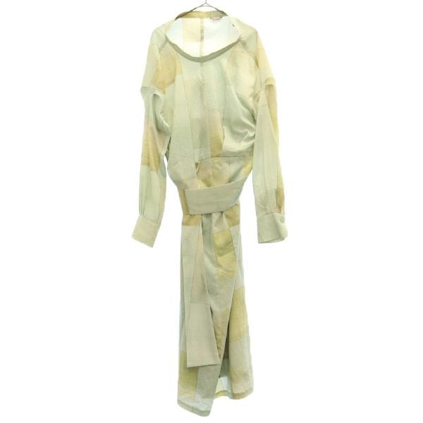 総柄 長袖 デザイン ワンピース グリーン系 サイドジップ レディース