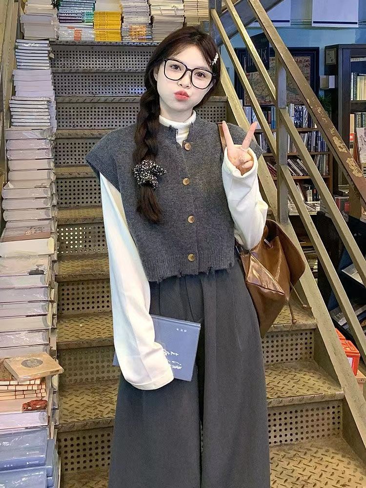 レトロ キャンパス風 3点セット 秋冬 ニットベスト+長袖インナー+ワイドパンツ 上下セット レディース カジュアル セットアップ