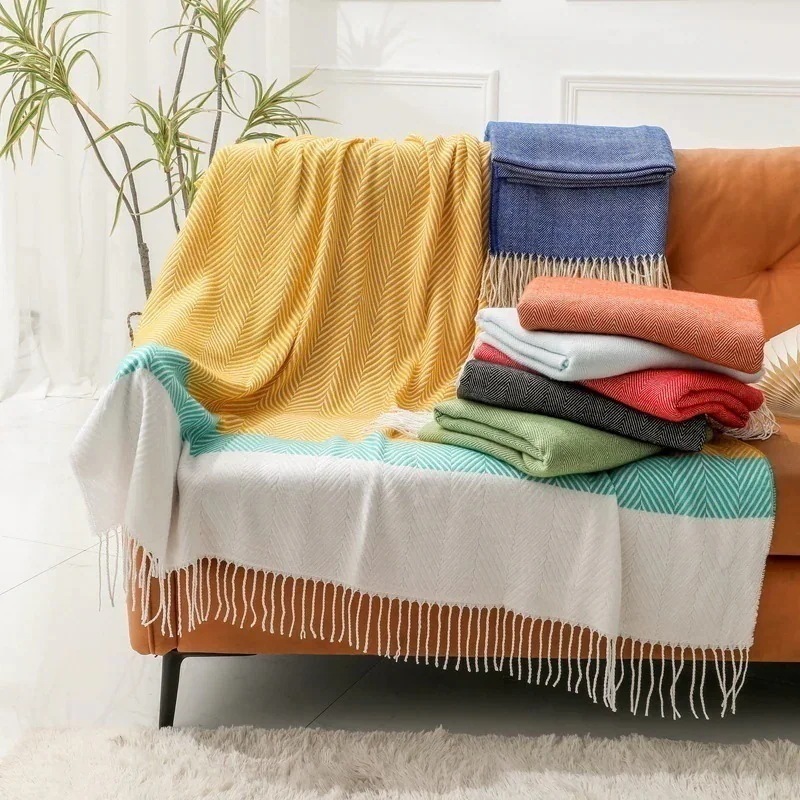 【急速出荷!】クラシックアメリカンレトログリーンヘリンボーン織りブランケットホテルベッドサイドタオルベッドサイドブランケットソファブランケットベッドカバーブランケット