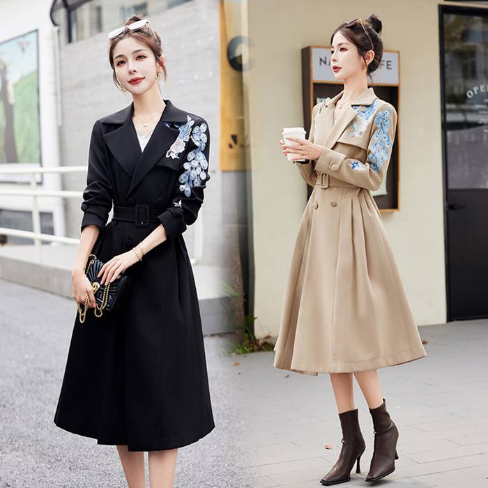 タイムセールトレンチコート スプリングコート レディース 刺繡 春 春服 アウター きれいめ 長袖 ベルト付き 着瘦せ ロング 膝下 ロングコート ビジネス コート ワンピース フォーマル オフィス