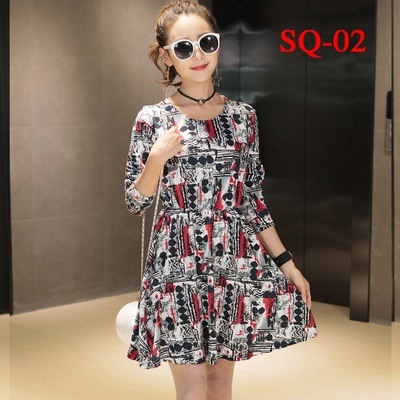 1029.お出かけやデートにも 韓国風長袖ワンピース（総柄）