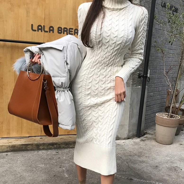 ワンピース レディース ニットワンピース タイトワンピース ミディアムワンピ ケーブル編みドレス 5,793円