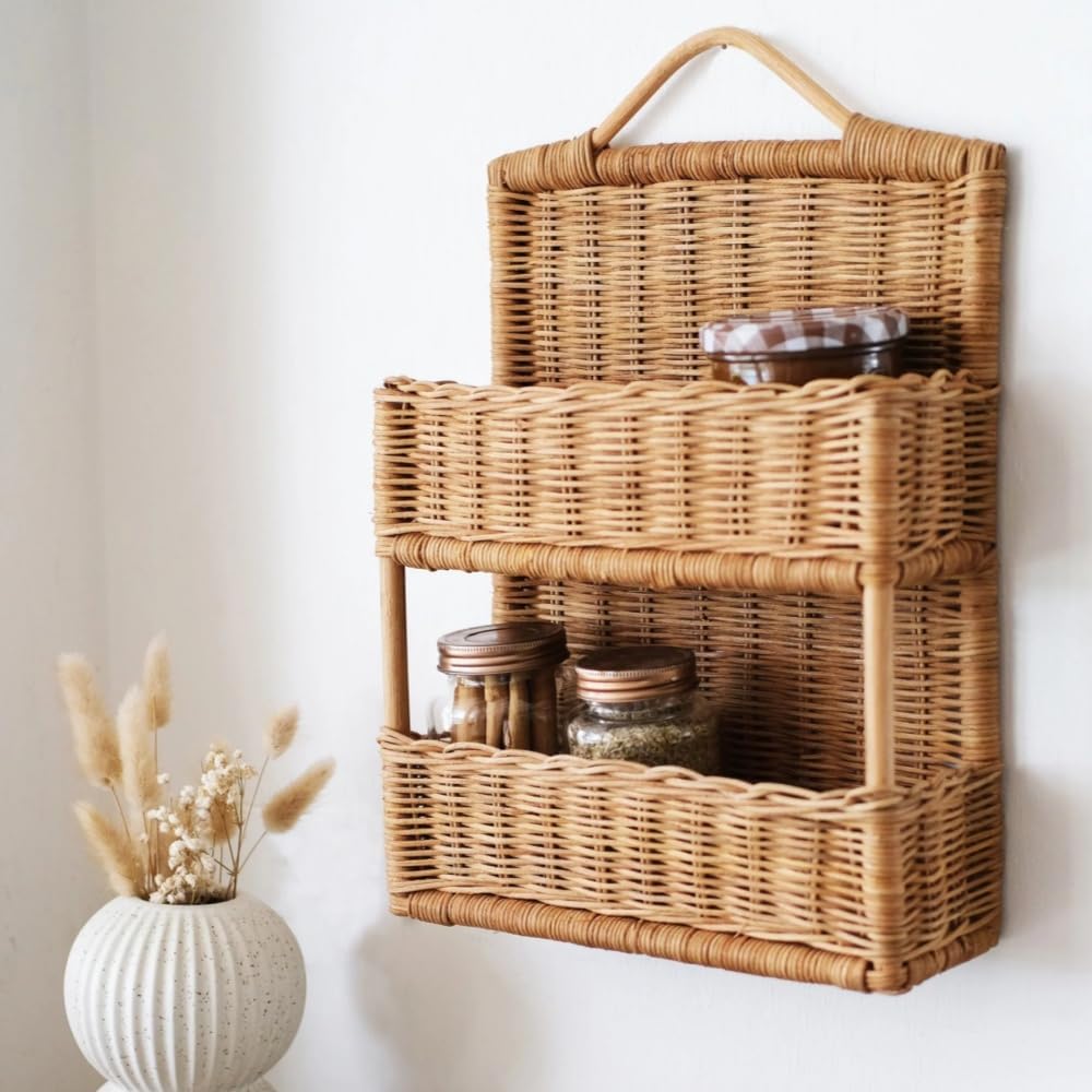 編まれた掛かるバスケット 吊り下げ収納バスケット 壁掛け ウォールラック 籐バスケット 壁掛け 二重編みハンギングバスケット フルーツ編み収納バスケット 小物収納バスケット カントリー プランター キ