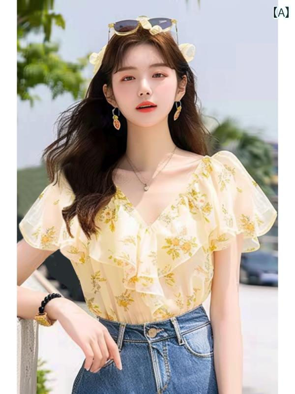 レディース ファッション フランス ユニーク クリーミー イエロー 花柄 パフスリーブ トップススス 夏 シフォン 半袖 シャツ