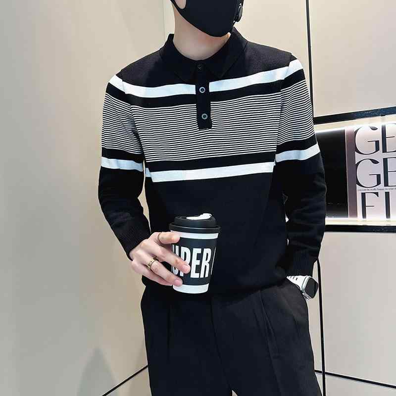 メンズ 服 シンプル ファッション オシャレ 大人 かっこいい 大きいサイズ ストリート 紳士服 ストライプ ポロ カラー セーター 秋