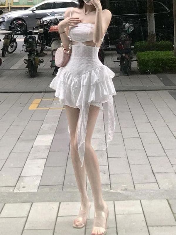 ワンピース2024夏新作アシンメトリー透かし編みウエスト見せスリムポンチョケーキキャミソールスカート ワンピース 5,296円