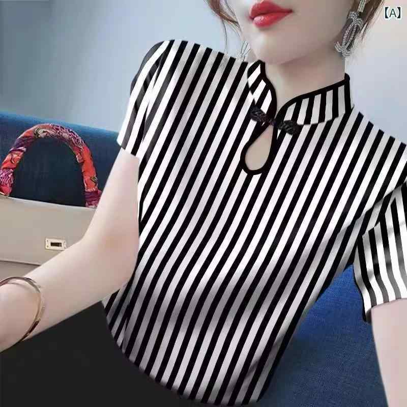 チャイナ風 トップス レディース スタンドカラー ひんやり 涼しい 薄手 半袖 スリムフィット 大きいサイズ ストライプ 格子柄 アイボリー 黒 白 大人 おしゃれ