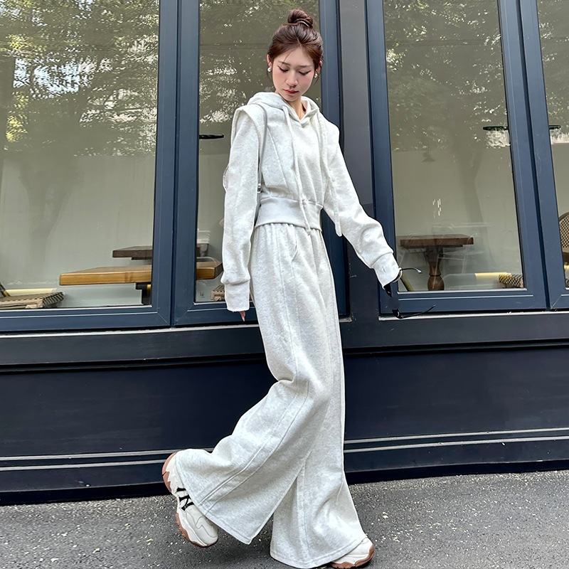 2024秋冬ファッションスーツレディースハイウエストスリムカジュアルスポーツフード付きセータージャケットニットワイドレッグパンツ