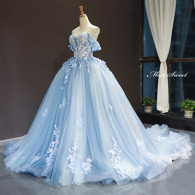 カラードレス プリンセスライン ブルー オフショルダー 花 刺繍 ロングドレス ウェディングドレス 結婚式 二次会 花嫁 前撮り 演奏会 発表会 ステージ衣装