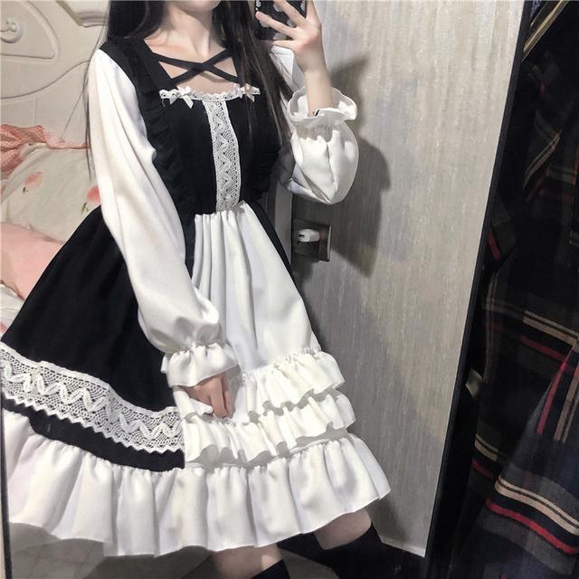 かわいいドレスカラー衝突スプライシング緩いかわいいキノコサイドカラー長袖フリルエッジ