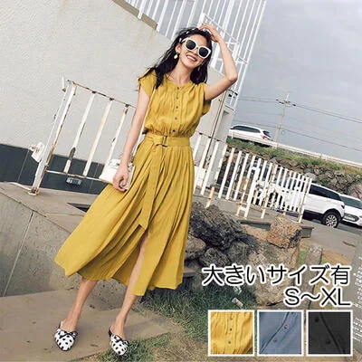 女の子黒 ワン きれいめ フレンチ ドレス ロング丈 シャツ ワンピ ロングワン ゆったり 体型カバー ノースリーブ カジュアル レディース ウマーク こなれ感 イエロー ブルー ブラック2025新品