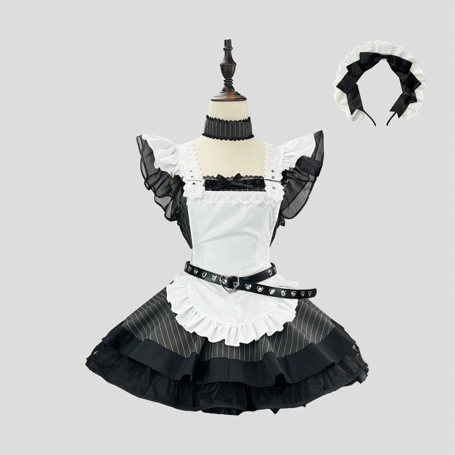 5.12【迅速な発送】新作 黒白ストライプロリータメイド服サブカルチャー日系かわいいエプロンセットコスドレス