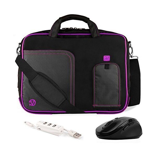 VanGoddy Pindar Purple Plum Trim Messenger Bag w/USB HUB and Wireless Mouse for Acer ChromeBook/Aspi