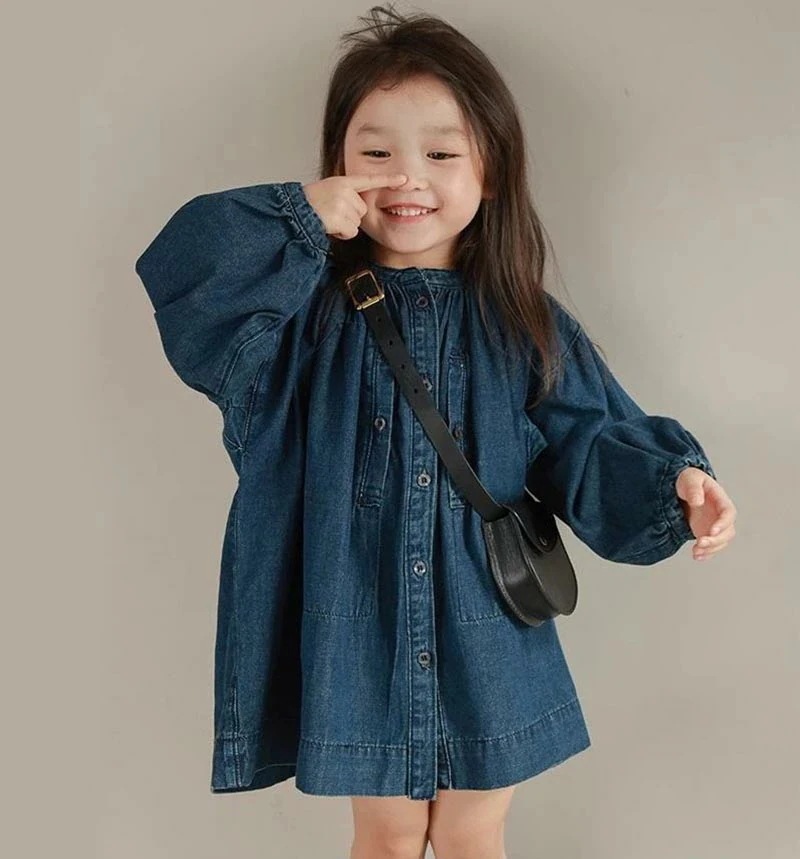 新アップグレード新品デニムワンピース キッズ 女の子 Aラインワンピース ミモレ丈 ひざ丈 ジュニア 通学 通園 春 秋 子供服