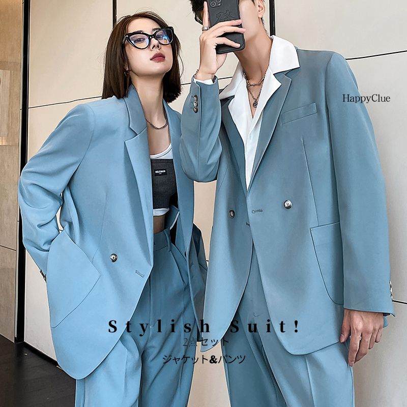 春新作 男女兼用 セットアップ おしゃれ 春 パンツスーツ 上品 レディース メンズ カジュアル おしゃれスーツ 上下セット ペアルック 長袖ジャケット 春夏 秋 2点セット 体型カバー フォーマル