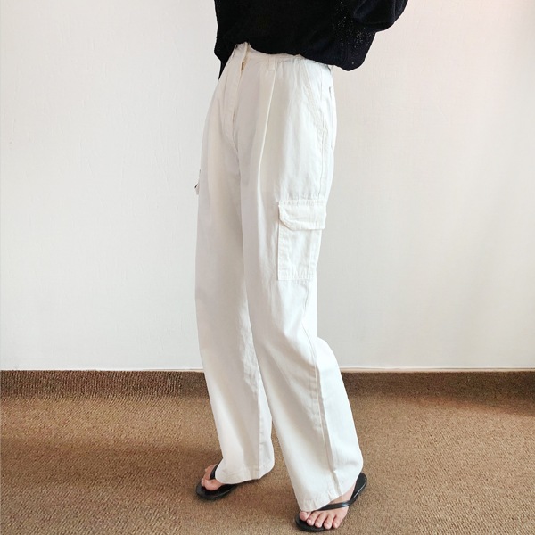 【在庫一掃】 韓国ファッション ハイウエストコットンワイドカーゴパンツ(pt802) ロングパンツ