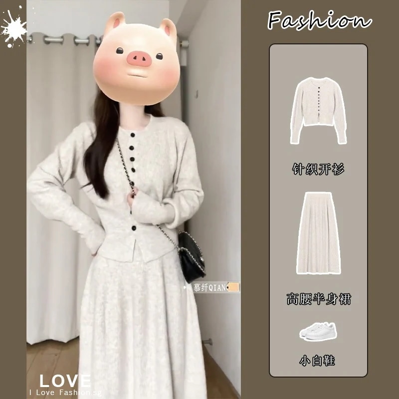 ハイエンドのカスタマイズ-スーツレディース 2025 春新スタイル優しいラウンドネック長袖セータースリムトップハイウエストスリムスカート 5,530円