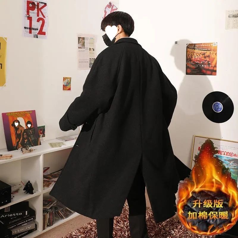 秋冬ミドル丈ウインドブレーカー男性用英国風韓国風厚手ウールルーズコートメンズブラックウールコート