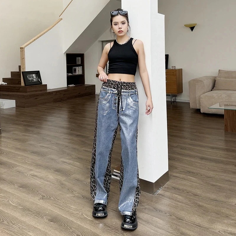 【J.Fashion】 2024秋冬新品 豹柄ドッキング デニムパンツ ジーンズ ゴム スラックス レディース ロングパンツ メガ割30%制限