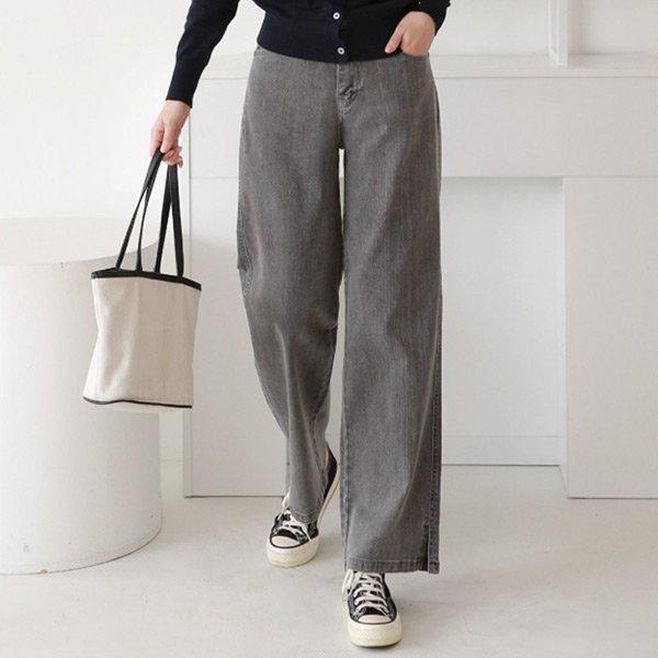 Hスタイル(CC)KF-85ブラックチョンストレッチウォッシング横スリットワイドパンツ 秋 女性 ジーンズ デニムパンツ ワイドパンツ バンディングパンツ