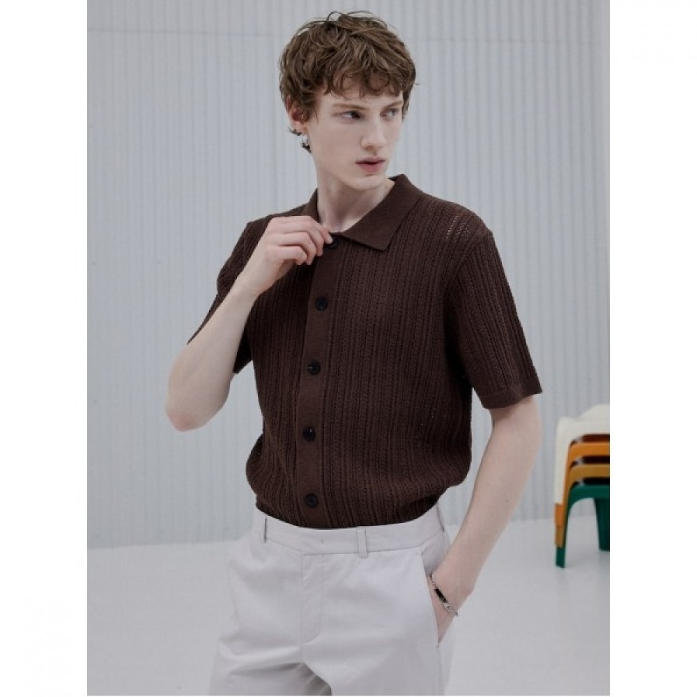 （Logadis）トレンドブークルフルオープン半袖カラーカーディガン-ブラウン（RY435AC55D）