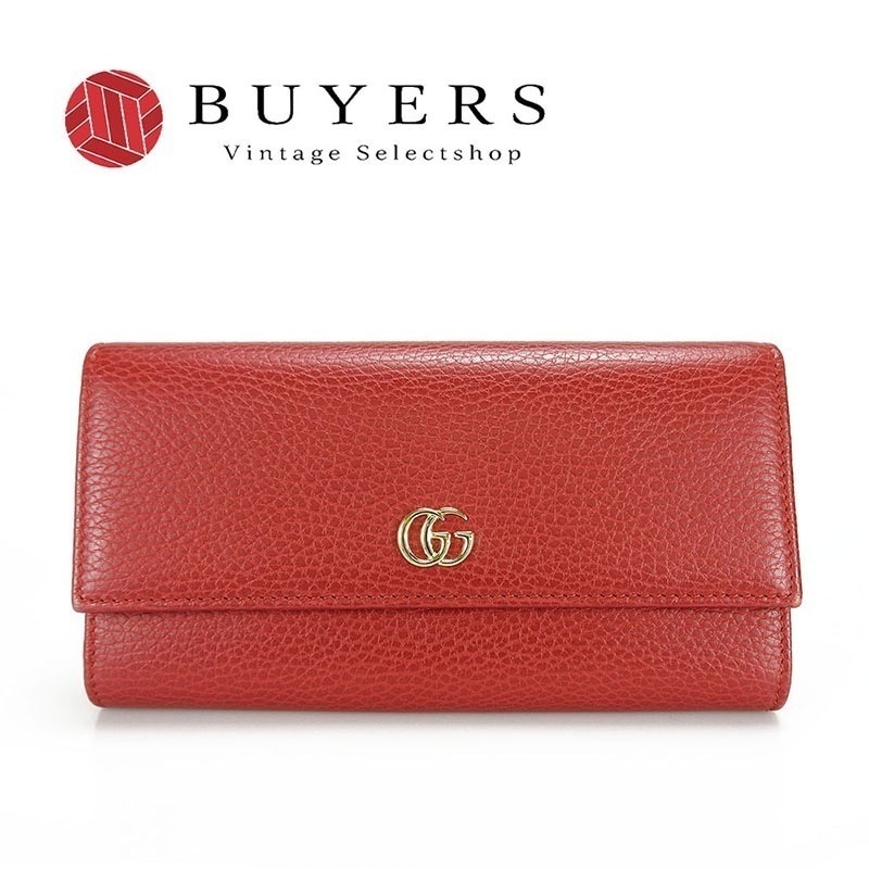 中古 グッチ GUCCI 456116 二つ折り長財布 プチ マーモント レザー レッド 赤 ウォレット レディース 【中古】