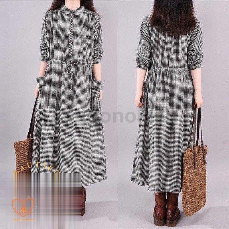 新作先行発売折り襟 体型カバー 綿麻混 ママ レディース 通勤 40代 ロング丈 aライン 30代 長袖 お洒落 OL 春 チェック柄 ゆったり ゆるっと カジュアル ワンピース【短納期】 4,956円