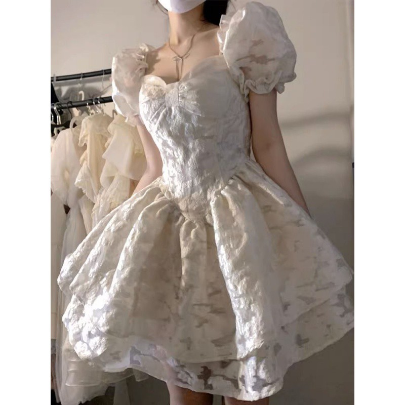 【1つ買うと10つ無料】バブルスリーブドレス女性の夏の高度なトライブンドールスカートスモールプリンセスパフスカート