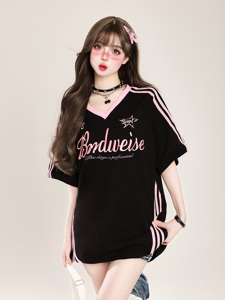 2026春夏 トップスバイカラー長袖TシャツかわいいK-POP黑白レディース韓国風ロゴ衣装ルーズゆったりカジュアルおしゃれサイズ袖グラフィックシルエットファッション系サイドシャツフット春スポーツT