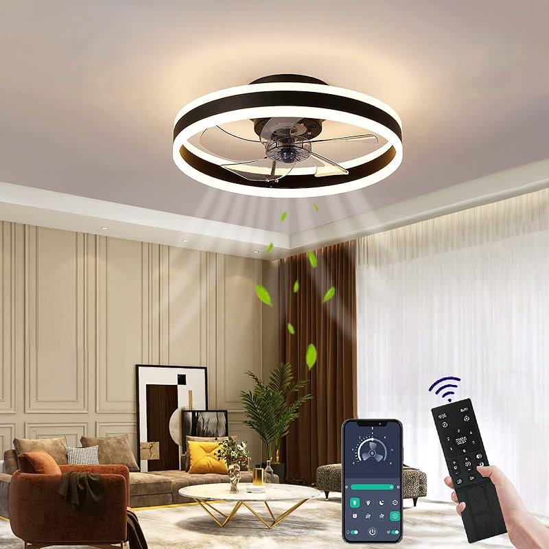 シーリング LED天井ファンライト 静音ファン付き照明 リモコン付き調節可能な風速 ナイトライト 照明器具 扇風機 リビングルーム 吊り下げ (黒, 50cm)