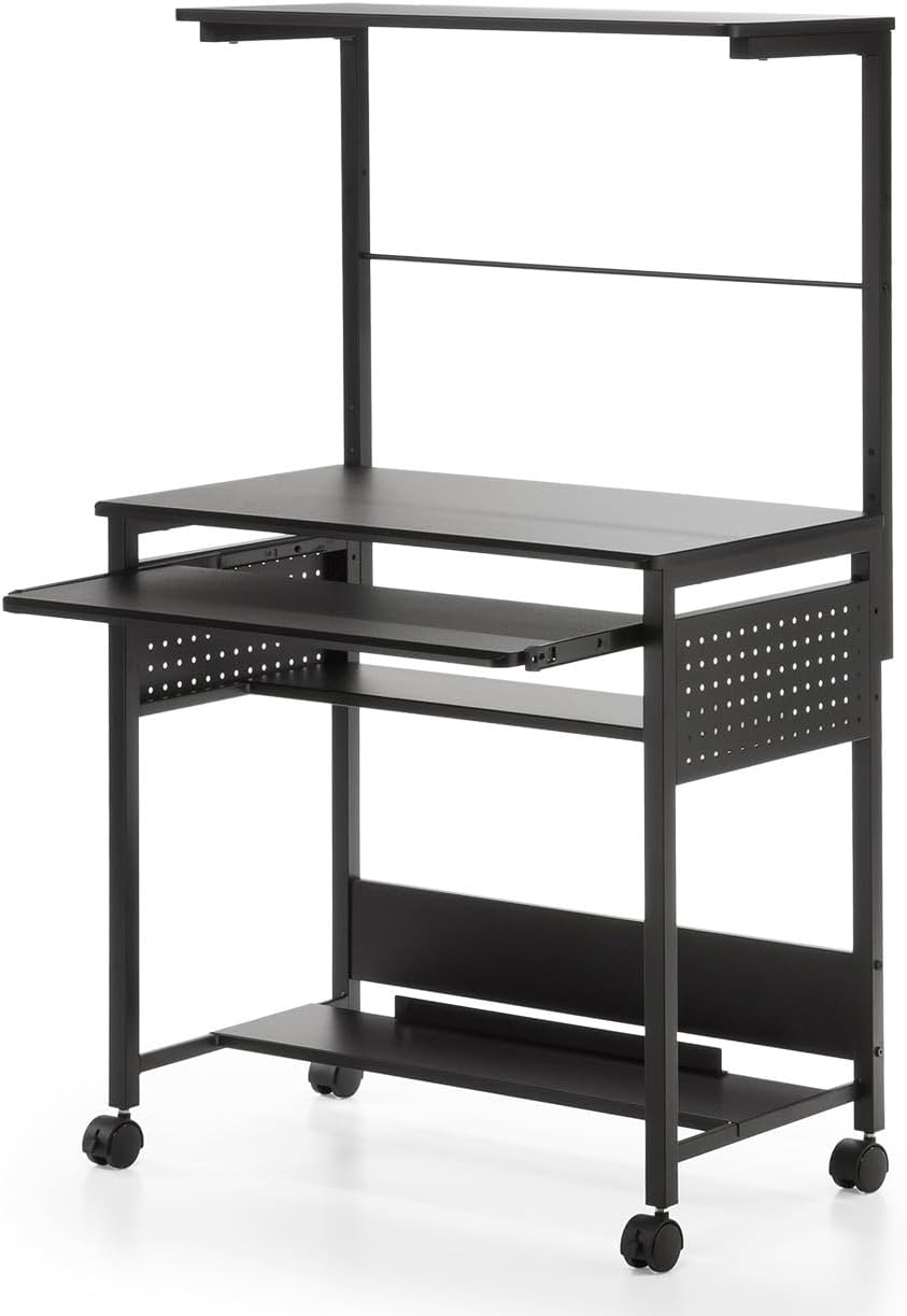 サンワダイレクト パソコンデスク 幅75cm 有孔ボード 収納棚/キーボードスライダー キャスター付き モニターアーム取付対応 ブラック 100-DESKH035BK