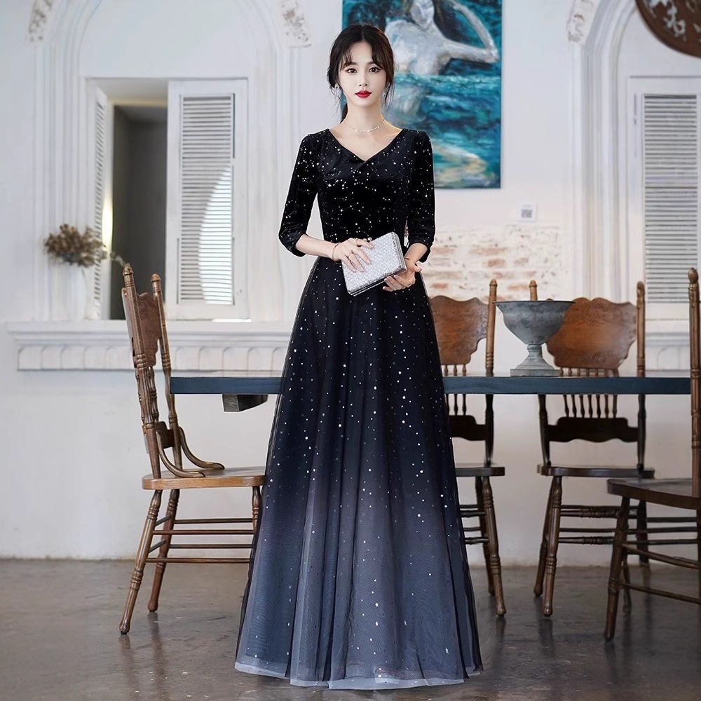 星空のグラデーションベルベットドレス2025大サイズ脂肪シニアバンケットホストパフォーマンスコスムコスム