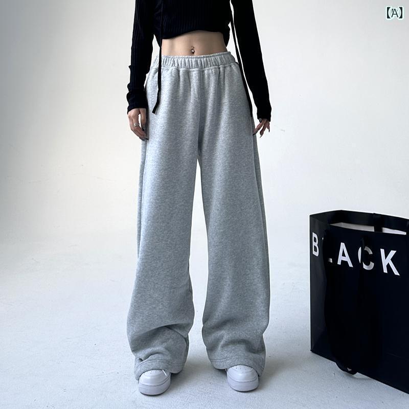 レディース パンツ スウェット リラックス ズボン ボトムス 秋冬 女性用 ベルベット 厚手 白い ハイウエスト スリミング ストレート ワイド レッグ フロア レングス